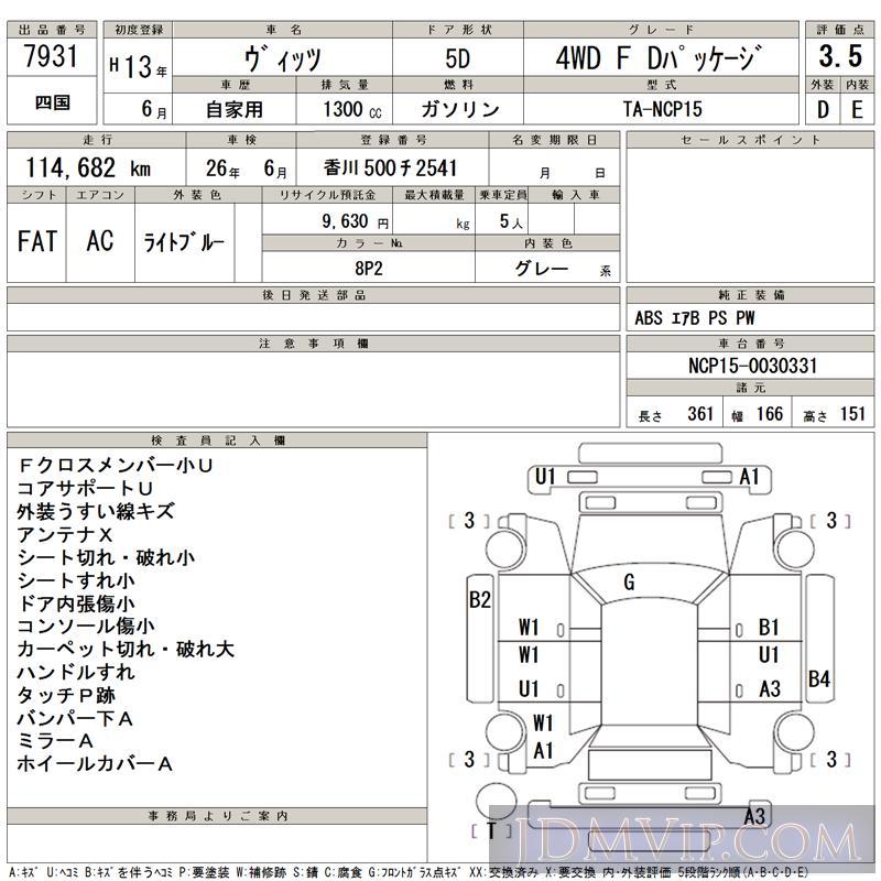 2001 TOYOTA VITZ 4WD_F_D NCP15 - 7931 - TAA Shikoku