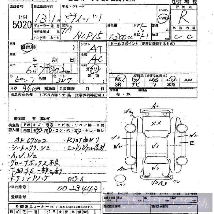 2001 TOYOTA VITZ 4WD NCP15 - 5020 - JU Niigata