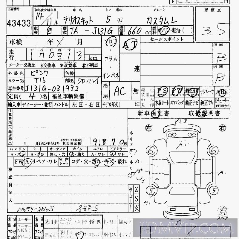 2002 DAIHATSU TERIOS KID L J131G - 43433 - HAA Kobe
