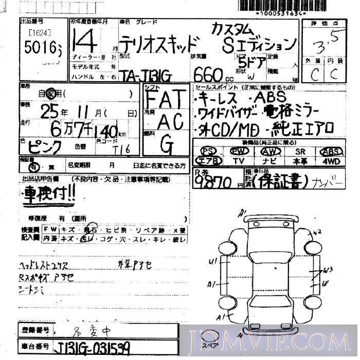 2002 DAIHATSU TERIOS KID S J131G - 5016 - JU Fukuoka