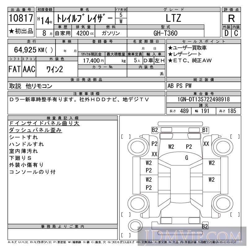2002 GM CHEVROLET TRAIL BLAZER LTZ T360 - 10817 - CAA Tokyo