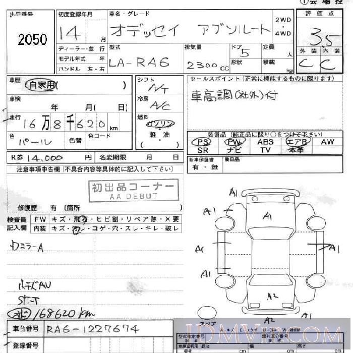 2002 HONDA ODYSSEY  RA6 - 2050 - JU Fukushima