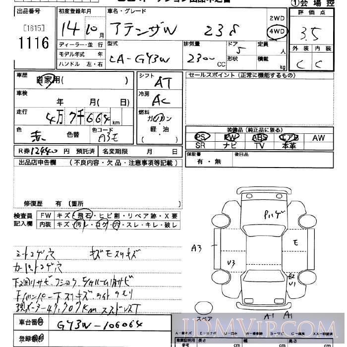 2002 MAZDA ATENZA WAGON 4WD_23S GY3W - 1116 - JU Saitama