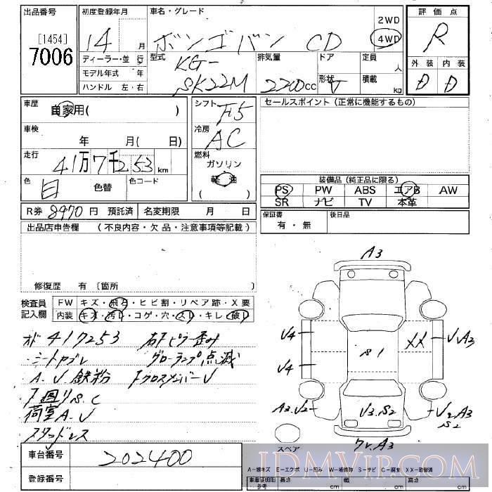 2002 MAZDA BONGO VAN 4WD_CD SK22M - 7006 - JU Niigata