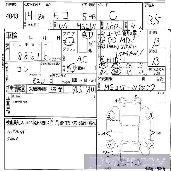 2002 NISSAN MOCO C MG21S - 4043 - LAA Okayama