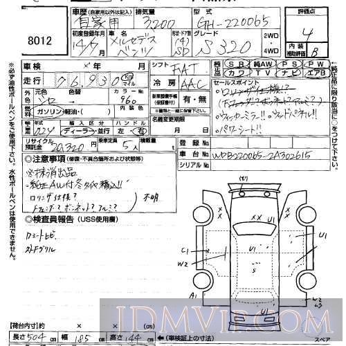 2002 OTHERS MERCEDES BENZ S320 220065 - 8012 - USS Sapporo