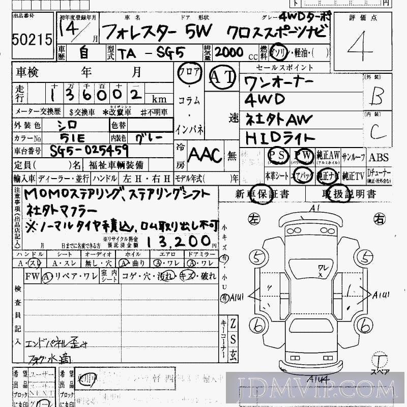 2002 SUBARU FORESTER 4WD__TB_ SG5 - 50215 - HAA Kobe