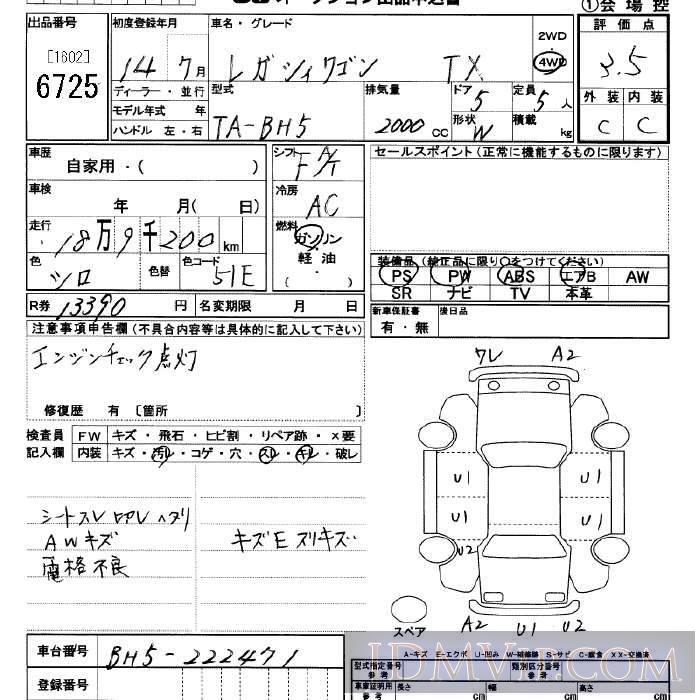 2002 SUBARU LEGACY 4WD_TX BH5 - 6725 - JU Saitama