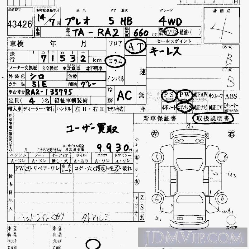 2002 SUBARU PLEO 4WD RA2 - 43426 - HAA Kobe