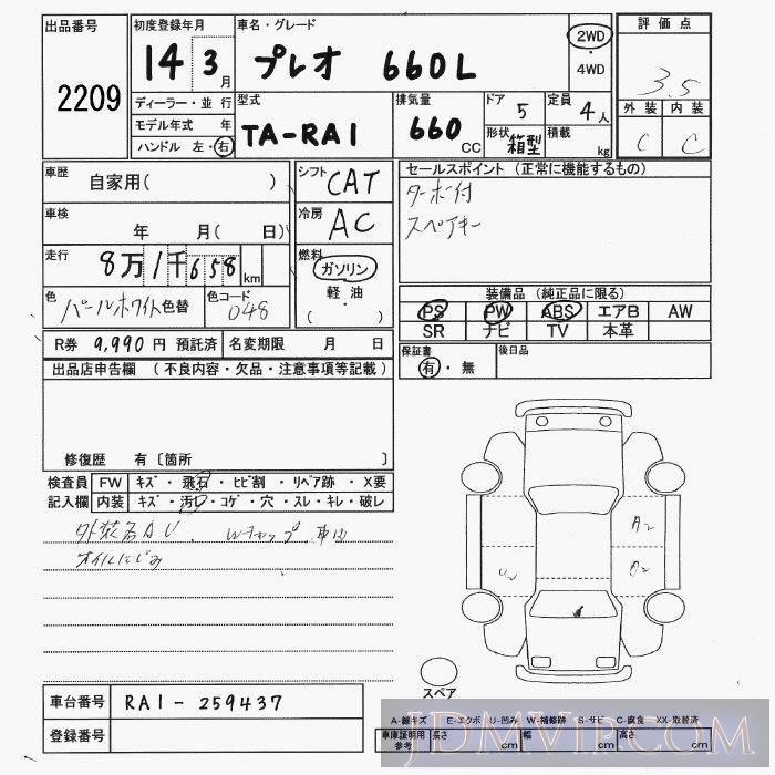 2002 SUBARU PLEO 660L_2WD RA1 - 2209 - JU Yamaguchi