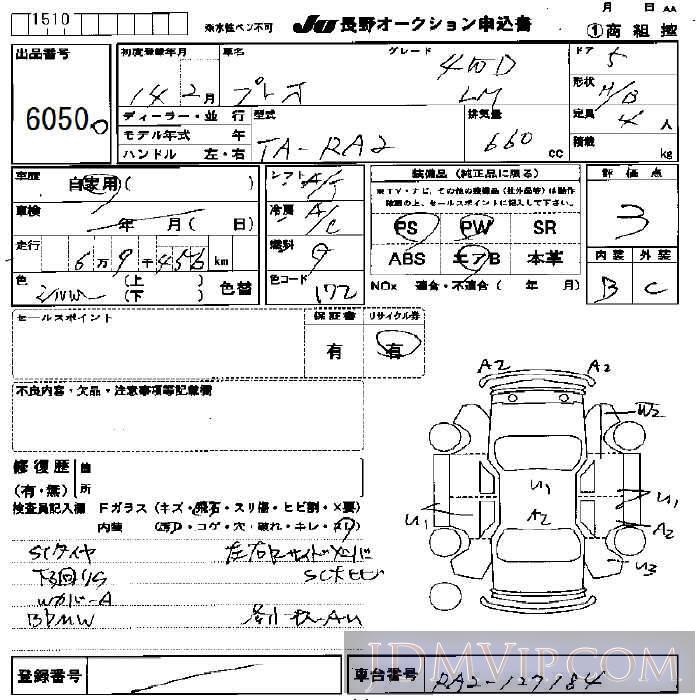 2002 SUBARU PLEO LM_4WD RA2 - 6050 - JU Nagano