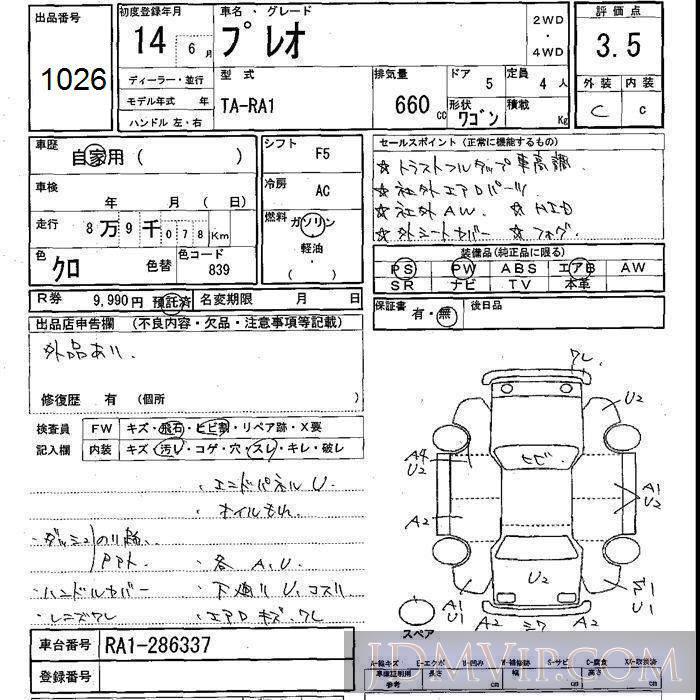 2002 SUBARU PLEO  RA1 - 1026 - JU Shizuoka