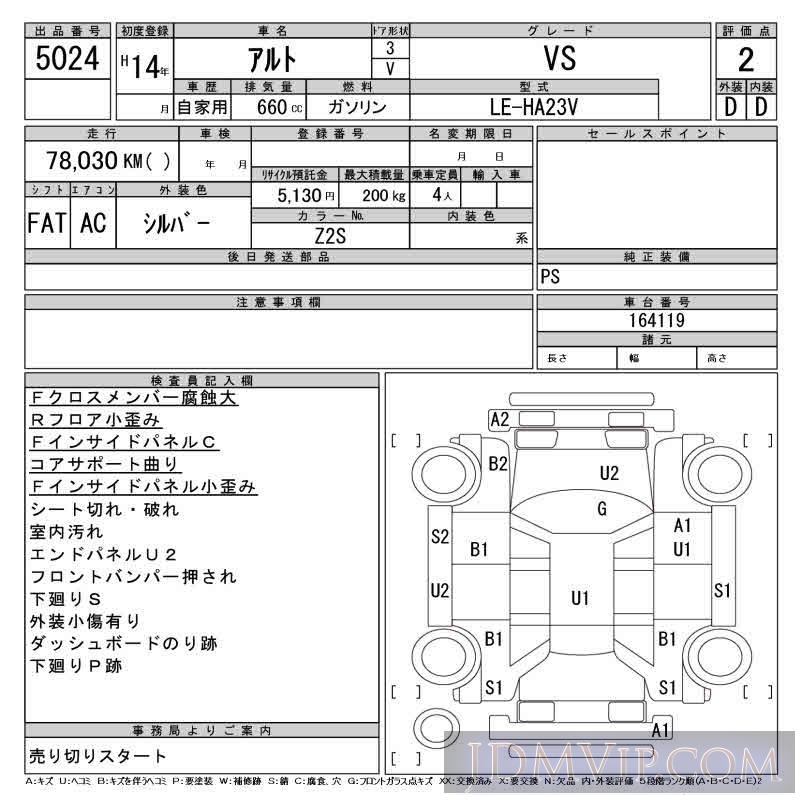2002 SUZUKI ALTO VS HA23V - 5024 - CAA Tohoku
