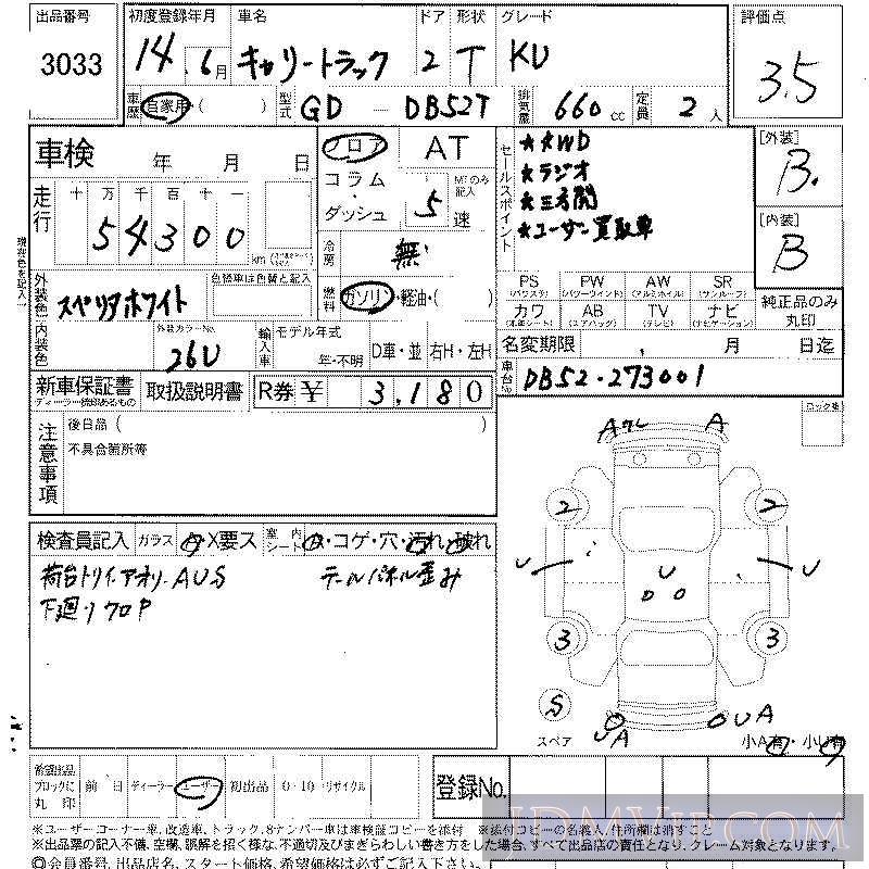 2002 SUZUKI CARRY TRUCK KU DB52T - 3033 - LAA Shikoku