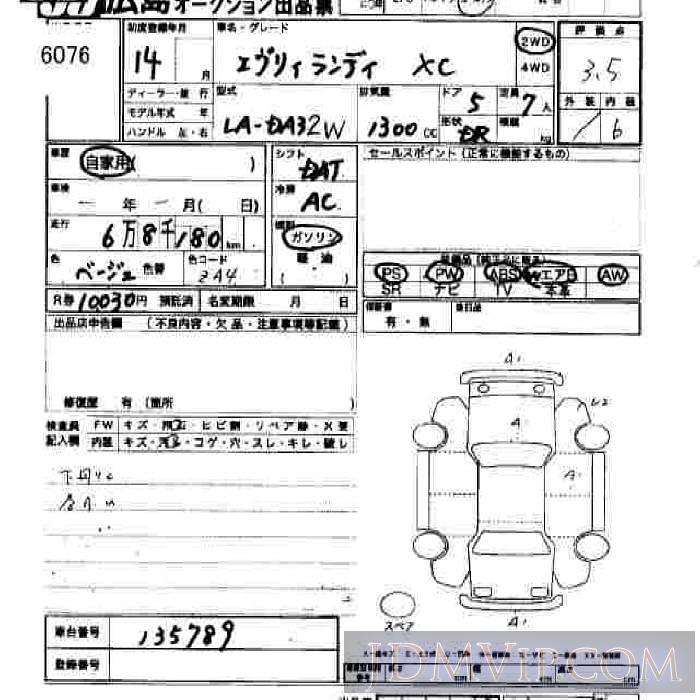2002 SUZUKI EVERY LANDY XC DA32W - 6076 - JU Hiroshima
