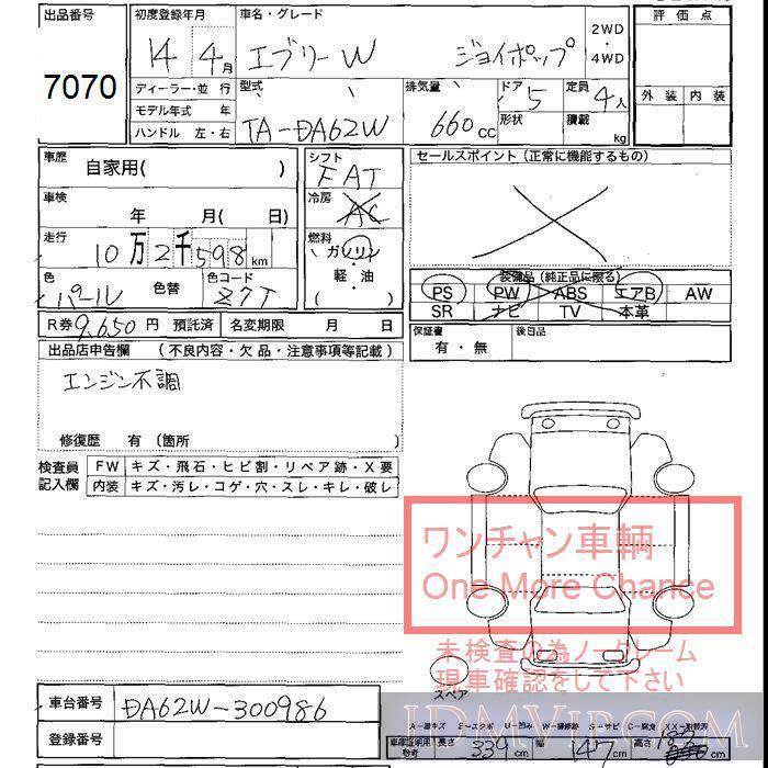 2002 SUZUKI EVERY WAGON  DA62W - 7070 - JU Shizuoka