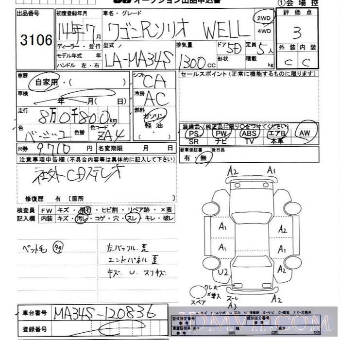 2002 SUZUKI WAGON R WELL MA34S - 3106 - JU Chiba