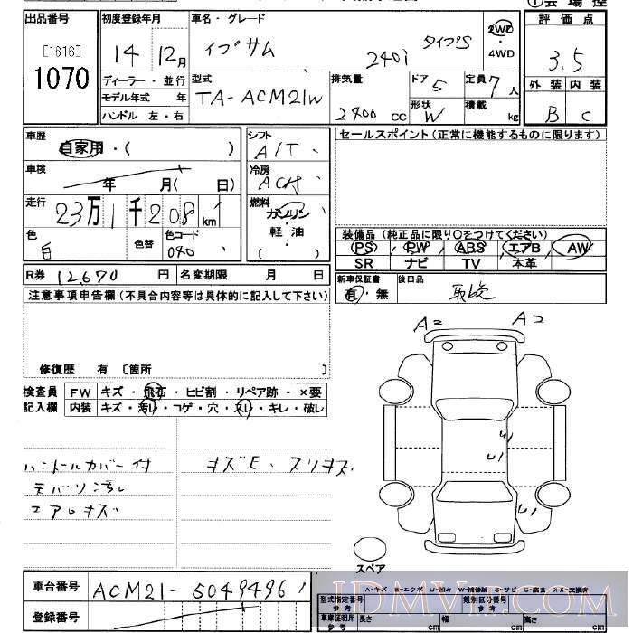 2002 TOYOTA IPSUM 240iS ACM21W - 1070 - JU Saitama