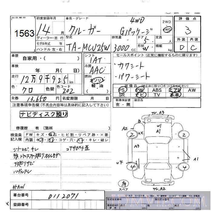 2002 TOYOTA KLUGER 3.0FOUR_G MCU25W - 1563 - JU Sapporo