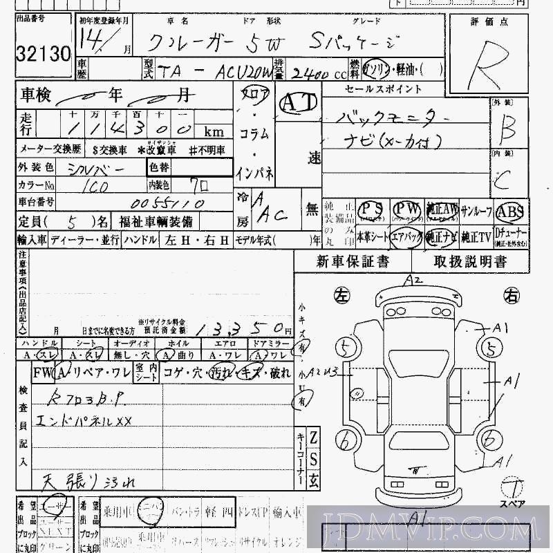 2002 TOYOTA KLUGER S ACU20W - 32130 - HAA Kobe