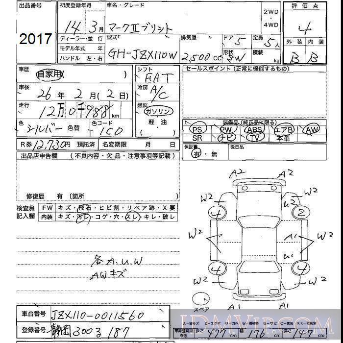 2002 TOYOTA MARK II WAGON  JZX110W - 2017 - JU Shizuoka