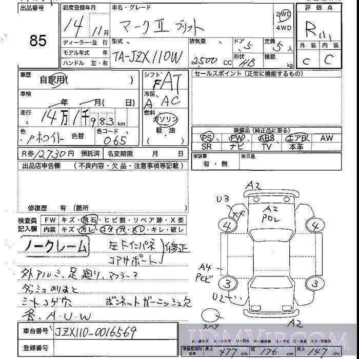 2002 TOYOTA MARK II WAGON  JZX110W - 85 - JU Shizuoka