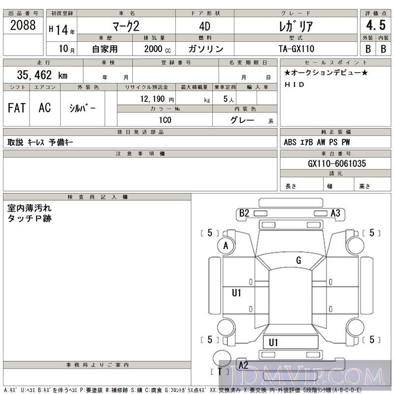 2002 TOYOTA MARK II  GX110 - 2088 - TAA Hiroshima