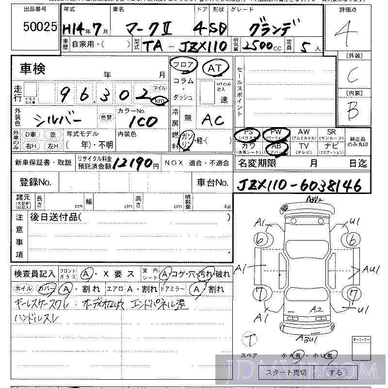 2002 TOYOTA MARK II  JZX110 - 50025 - LAA Kansai