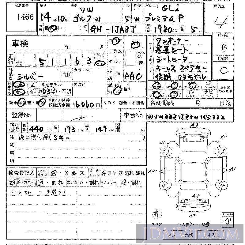2002 VOLKSWAGEN VW GOLF WAGON GLip 1JAZJ - 1466 - LAA Kansai