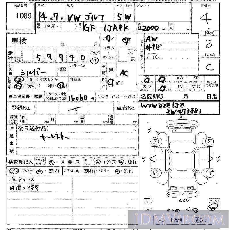 2002 VOLKSWAGEN VW GOLF WAGON  1JAPK - 1089 - LAA Kansai