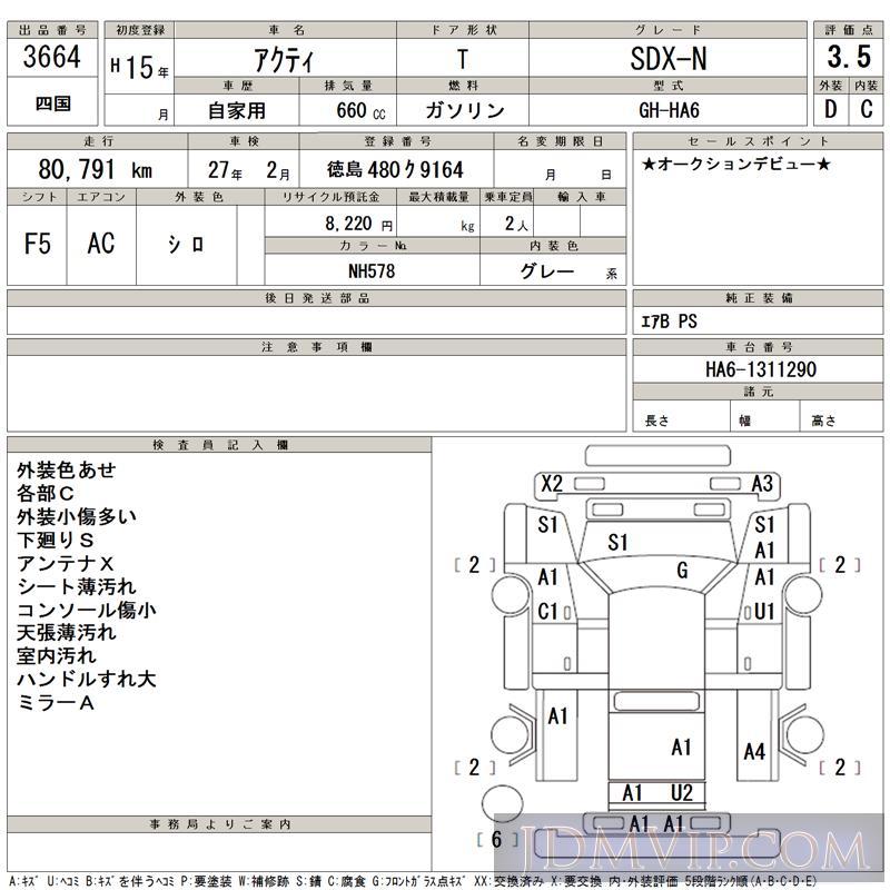 2003 HONDA ACTY TRUCK SDX-N HA6 - 3664 - TAA Shikoku