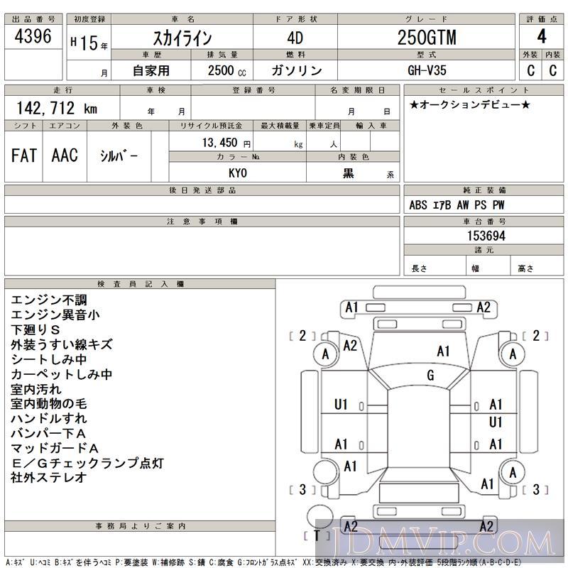 2003 NISSAN SKYLINE 250GTM V35 - 4396 - TAA Kyushu