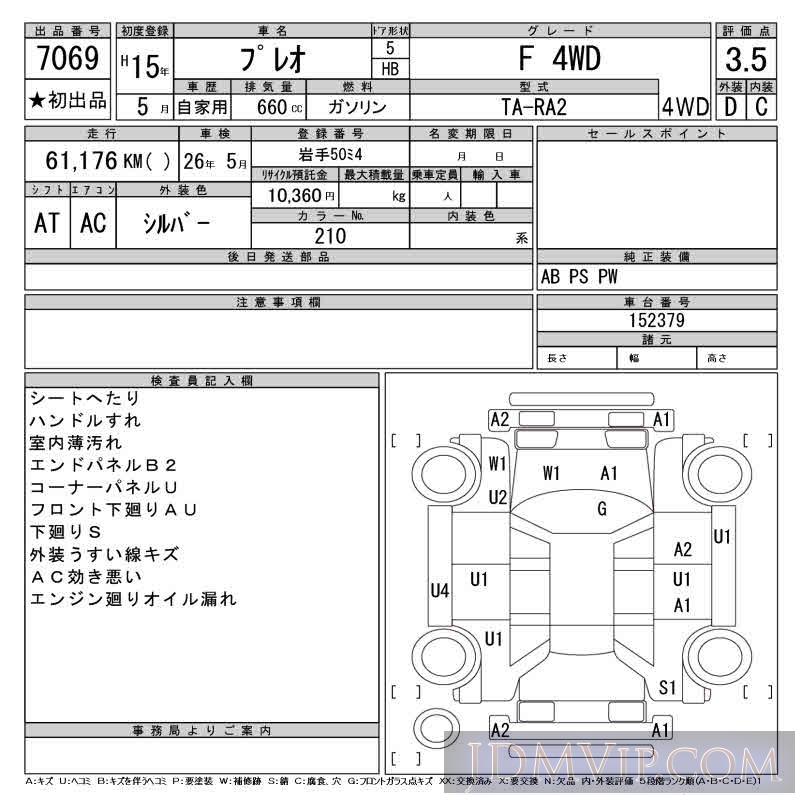 2003 SUBARU PLEO F_4WD RA2 - 7069 - CAA Tohoku