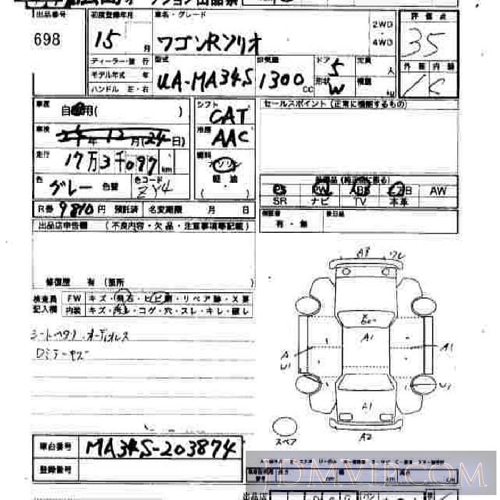 2003 SUZUKI WAGON R  MA34S - 698 - JU Hiroshima