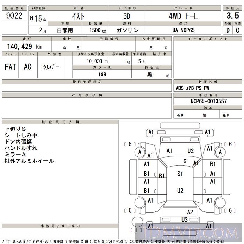 2003 TOYOTA IST 4WD_F-L NCP65 - 9022 - TAA Tohoku