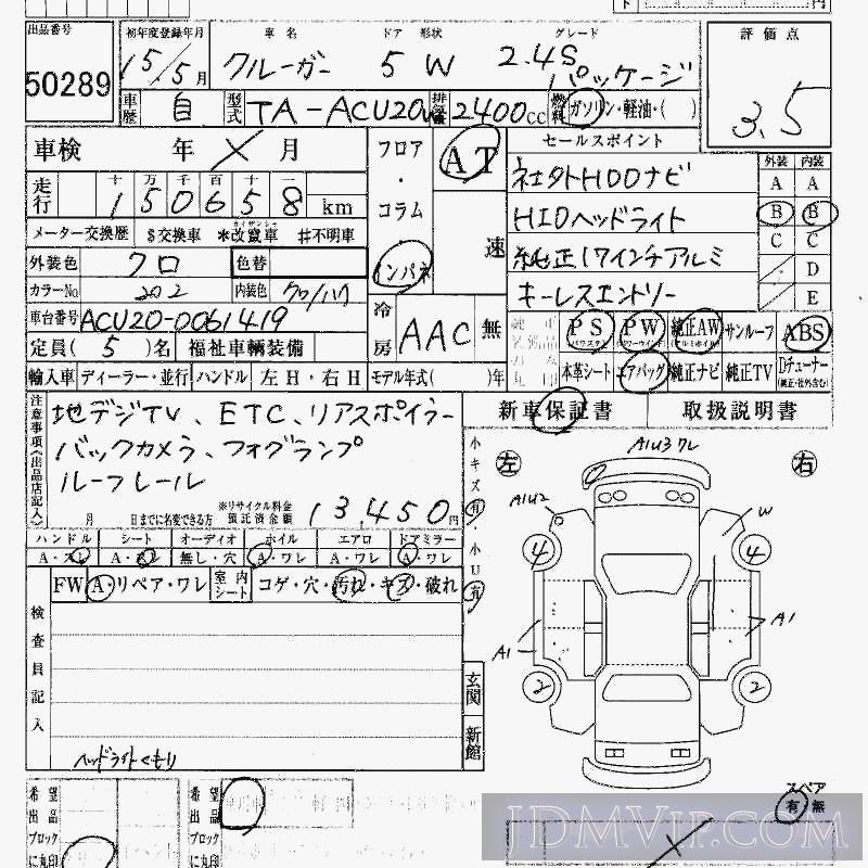 2003 TOYOTA KLUGER 2.4S ACU20W - 50289 - HAA Kobe