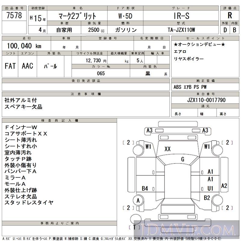 2003 TOYOTA MARK II WAGON IRS JZX110W - 7578 - TAA Hiroshima