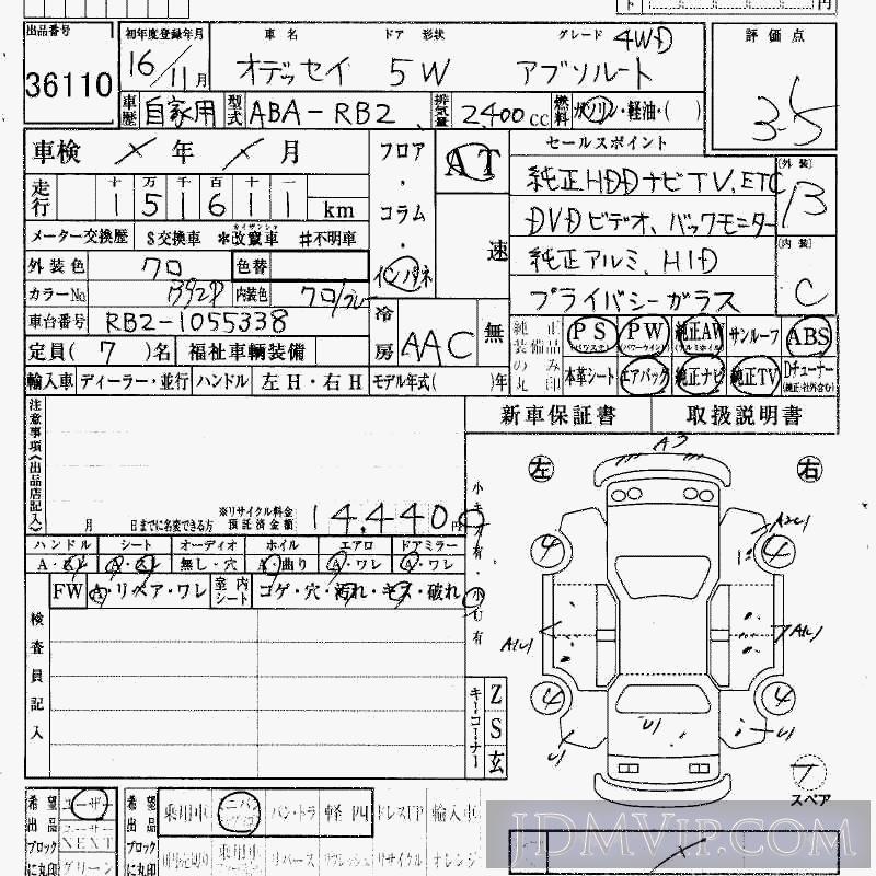2004 HONDA ODYSSEY 4WD_ RB2 - 36110 - HAA Kobe