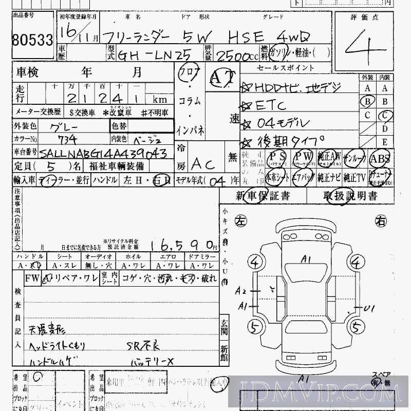 2004 ROVER FREELANDER HSE_4WD LN25 - 80533 - HAA Kobe