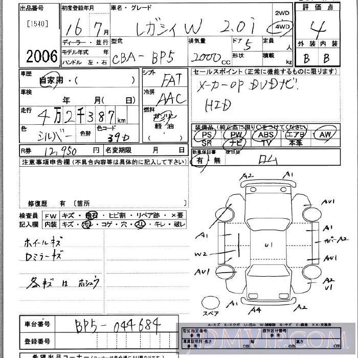 2004 SUBARU LEGACY 2.0i_4WD BP5 - 2006 - JU Kanagawa