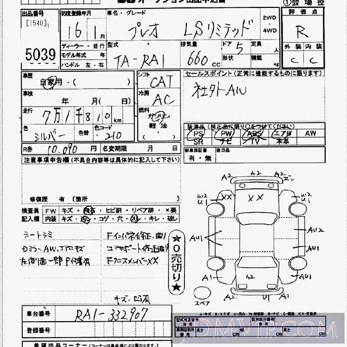 2004 SUBARU PLEO LS-LTD_0 RA1 - 5039 - JU Kanagawa