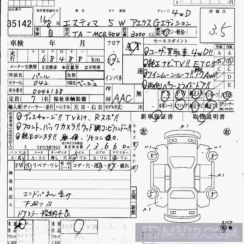 2004 TOYOTA ESTIMA 4WD__G-ED MCR40W - 35142 - HAA Kobe