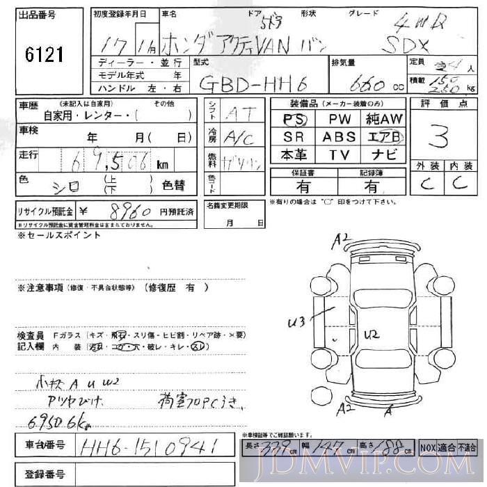 2005 HONDA ACTY VAN SDX HH6 - 6121 - JU Fukushima