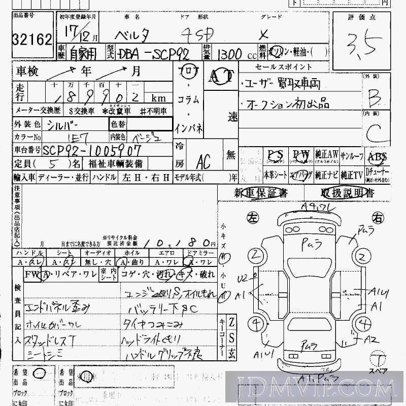 2005 TOYOTA BELTA X SCP92 - 32162 - HAA Kobe