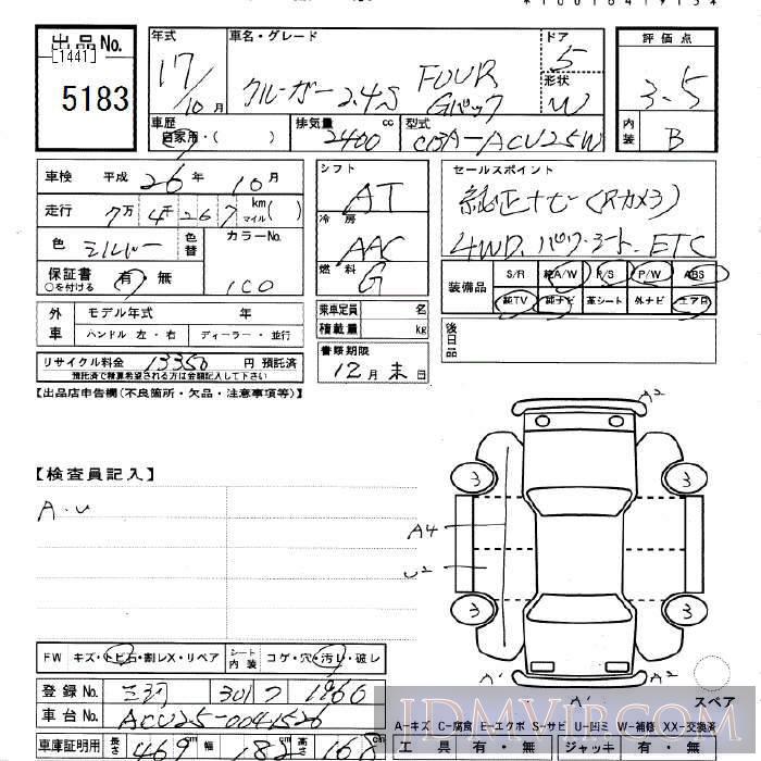 2005 TOYOTA KLUGER 2.4S_FOUR_G_4W ACU25W - 5183 - JU Gifu
