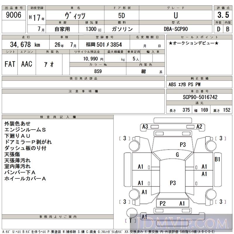 2005 TOYOTA VITZ U SCP90 - 9006 - TAA Kyushu
