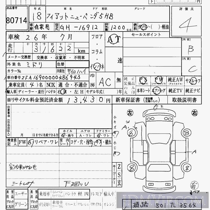 2006 FIAT FIAT PANDA  16912 - 80714 - HAA Kobe