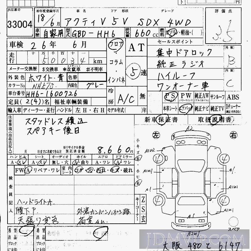 2006 HONDA ACTY VAN 4WD_SDX HH6 - 33004 - HAA Kobe