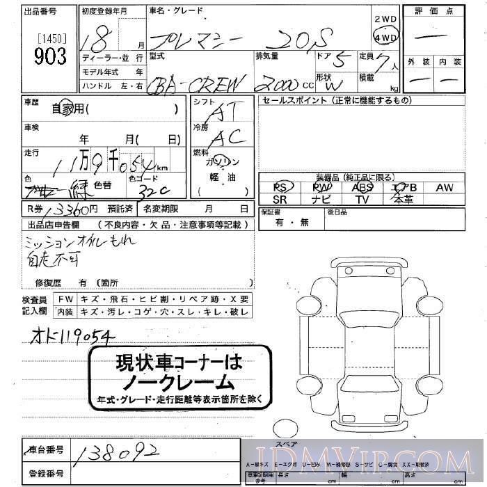 2006 MAZDA PREMACY 4WD_20S CREW - 903 - JU Niigata