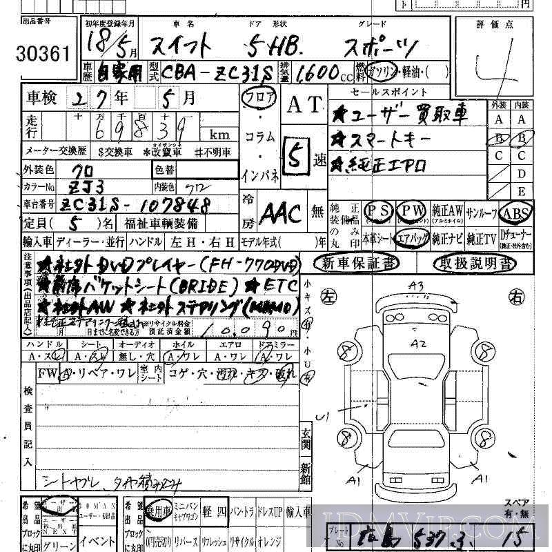 2006 SUZUKI SWIFT  ZC31S - 30361 - HAA Kobe